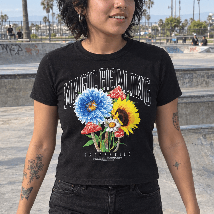 Magic Healing women’s high waisted tee candid front shot