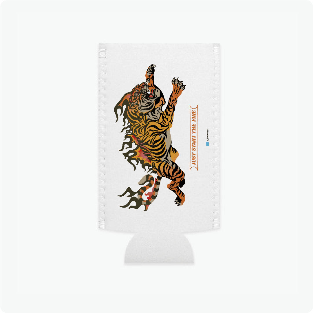 White slim can coozie with a tiger design and text on a white background