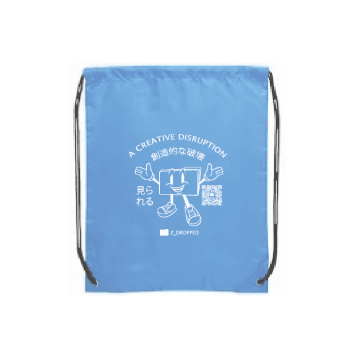 Blue drawstring bag with white graphics and text on a white background