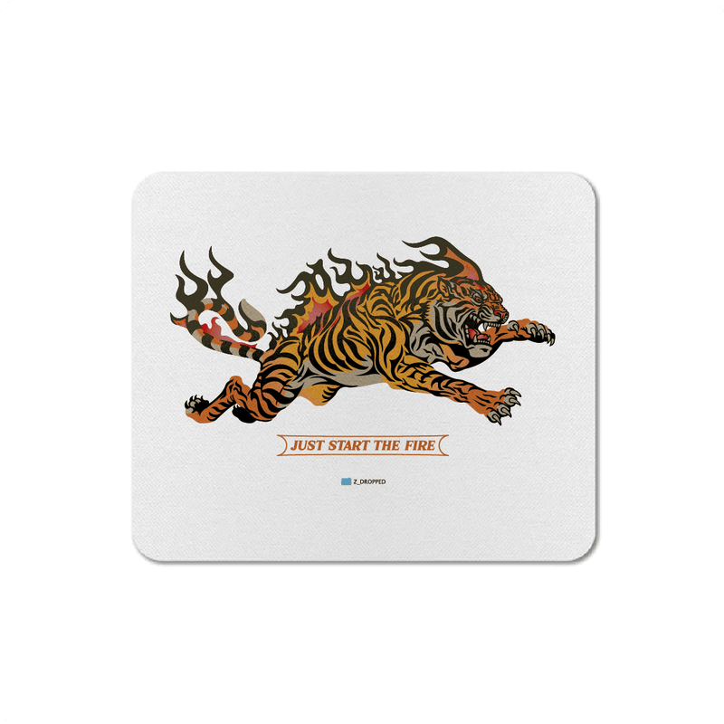 White Mouse pad with a tiger design and 'Just Start the Fire' text on a white background