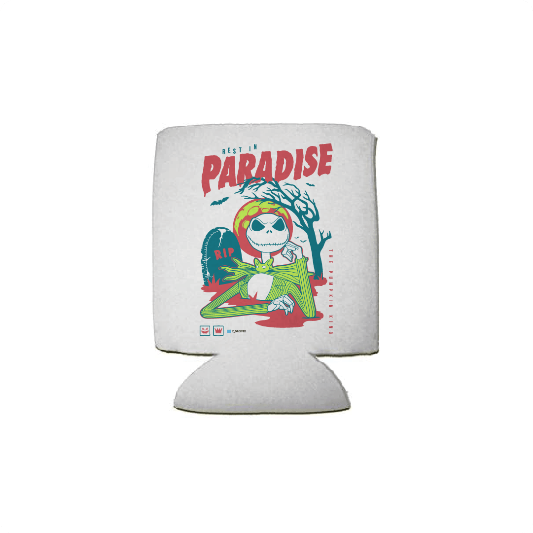 White regular sized koozie with a skeleton cartoon character and 'Paradise' text on a white background