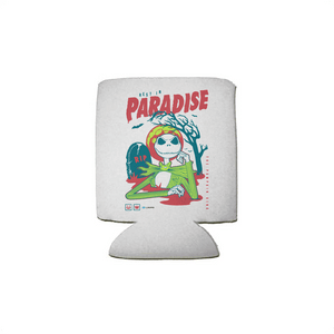 White regular sized koozie with a skeleton cartoon character and 'Paradise' text on a white background