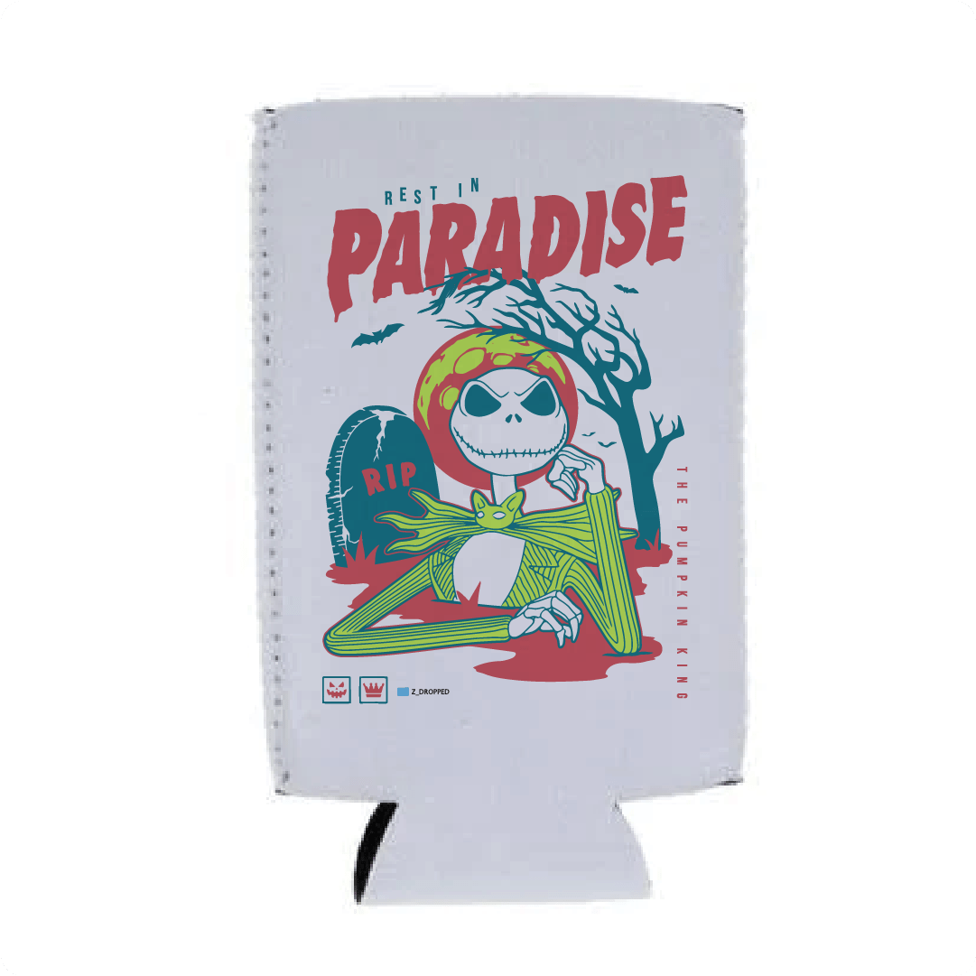 White tall sized koozie with a skeleton cartoon character and 'Paradise' text on a white background