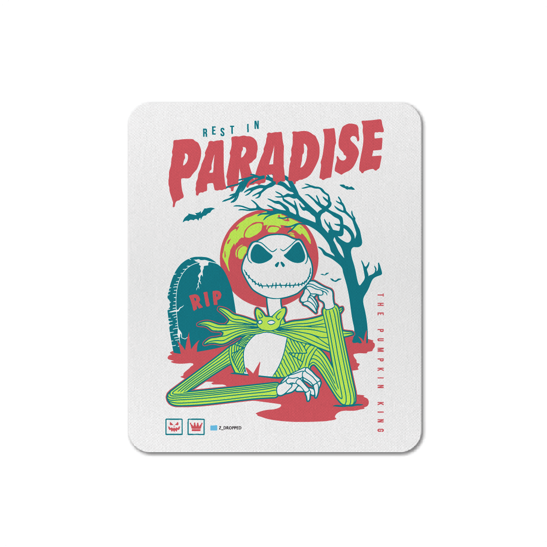 White mousepad with a skeleton cartoon character with 'Rest in Paradise' text on a white background
