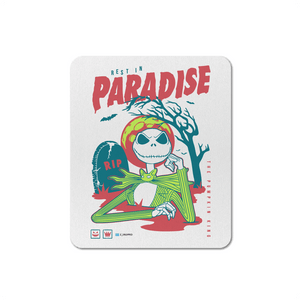 White mousepad with a skeleton cartoon character with 'Rest in Paradise' text on a white background