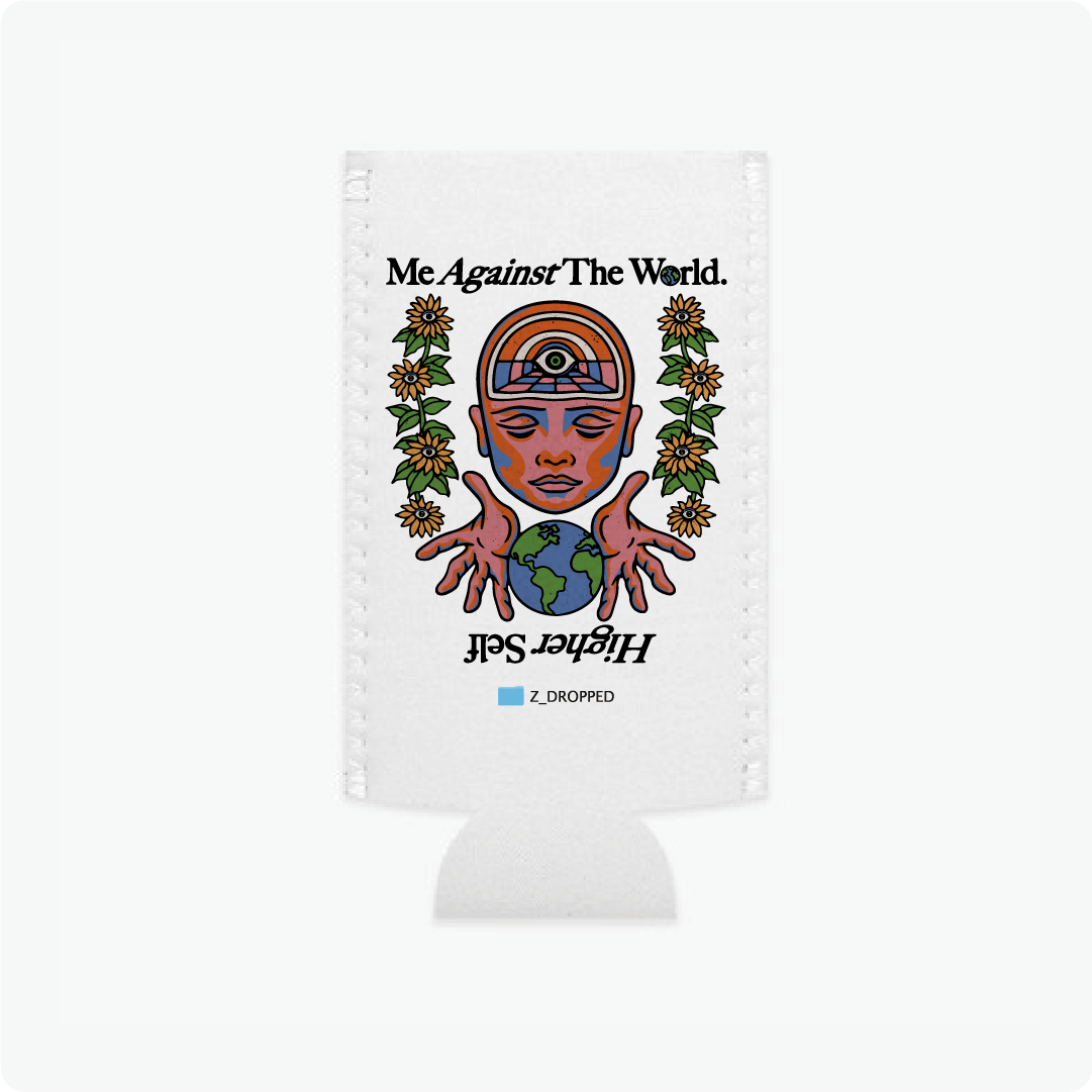 White can cooler with 'Me Against The World' design featuring a face, hands, and world map on a white background.