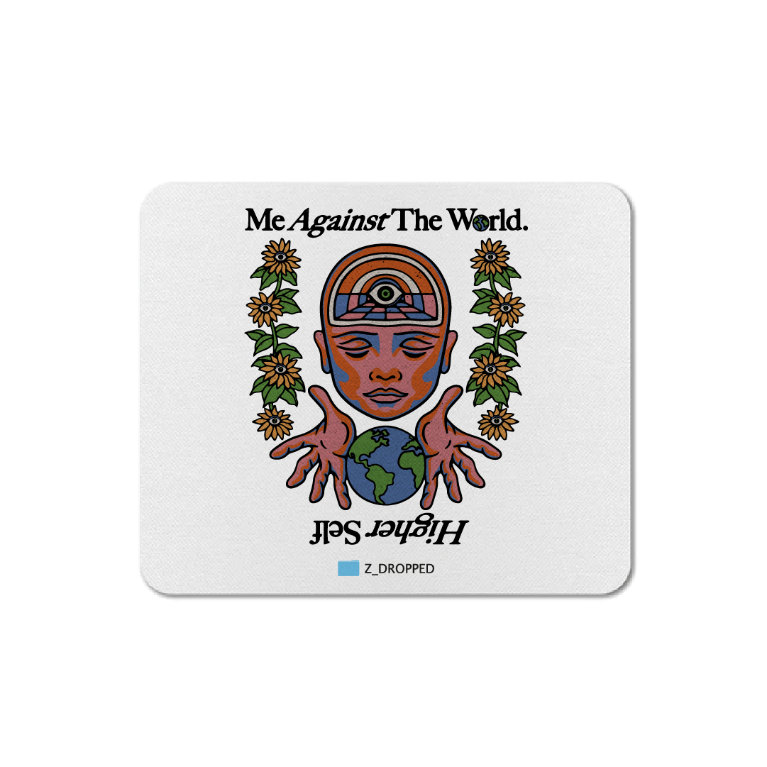 Mousepad with a design of a face, hands holding a world map, and text 'Me Against The World. Higher Self' on a white background.
