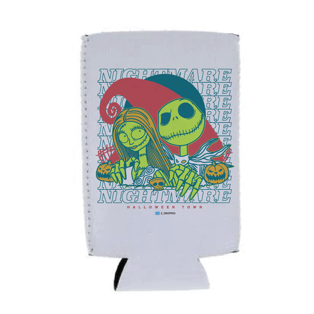 White tall can koozie with two cartoon skeletons and 'Nightmare' text on a white background