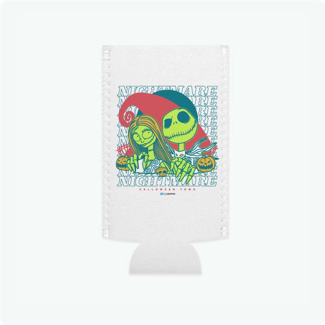 White slim can koozie with two cartoon skeletons and 'Nightmare' text on a white background
