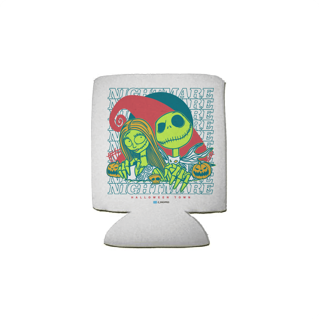 White regular can koozie with two cartoon skeletons and 'Nightmare' text on a white background