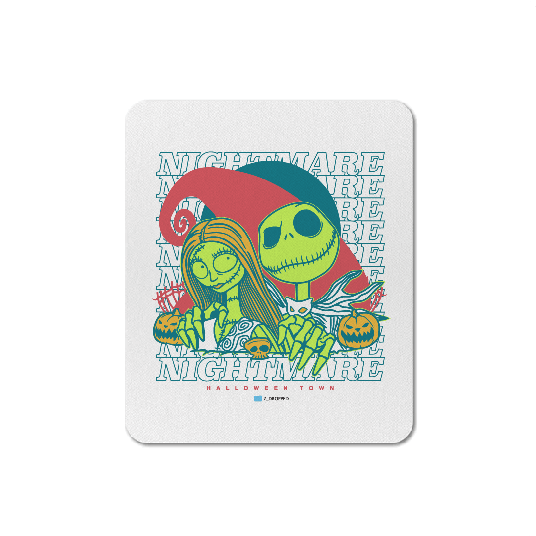 Mouse pad with halloween skeleton cartoon characters and 'Nightmare' text on a white background