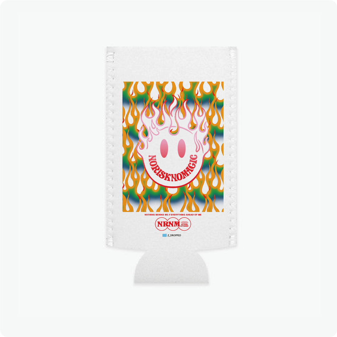 Slim Can koozie with colorful flame design and logo on a white background