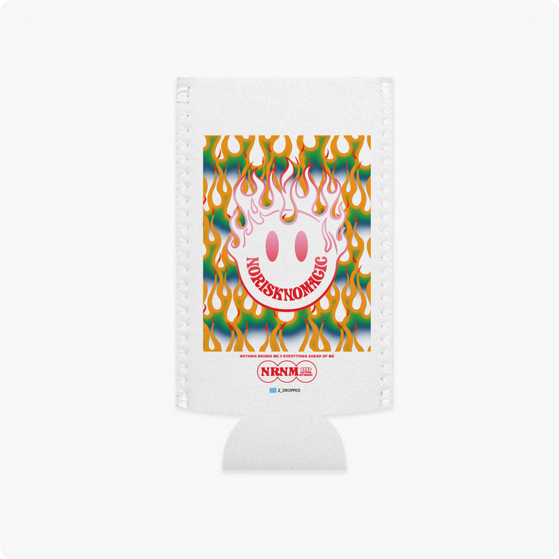 Slim Can koozie with colorful flame design and logo on a white background