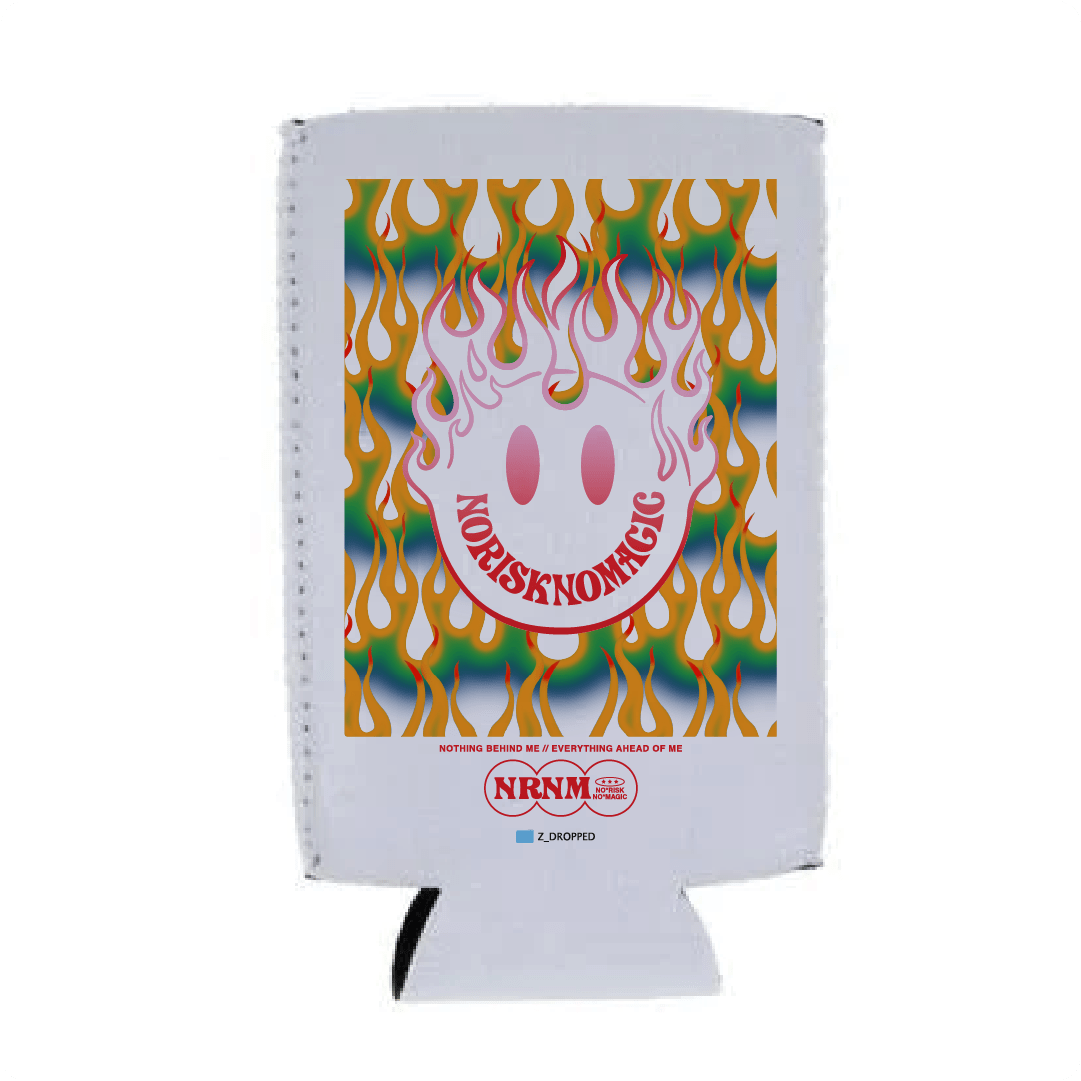 Tall Can Koozie with colorful flame design and logo on a white background