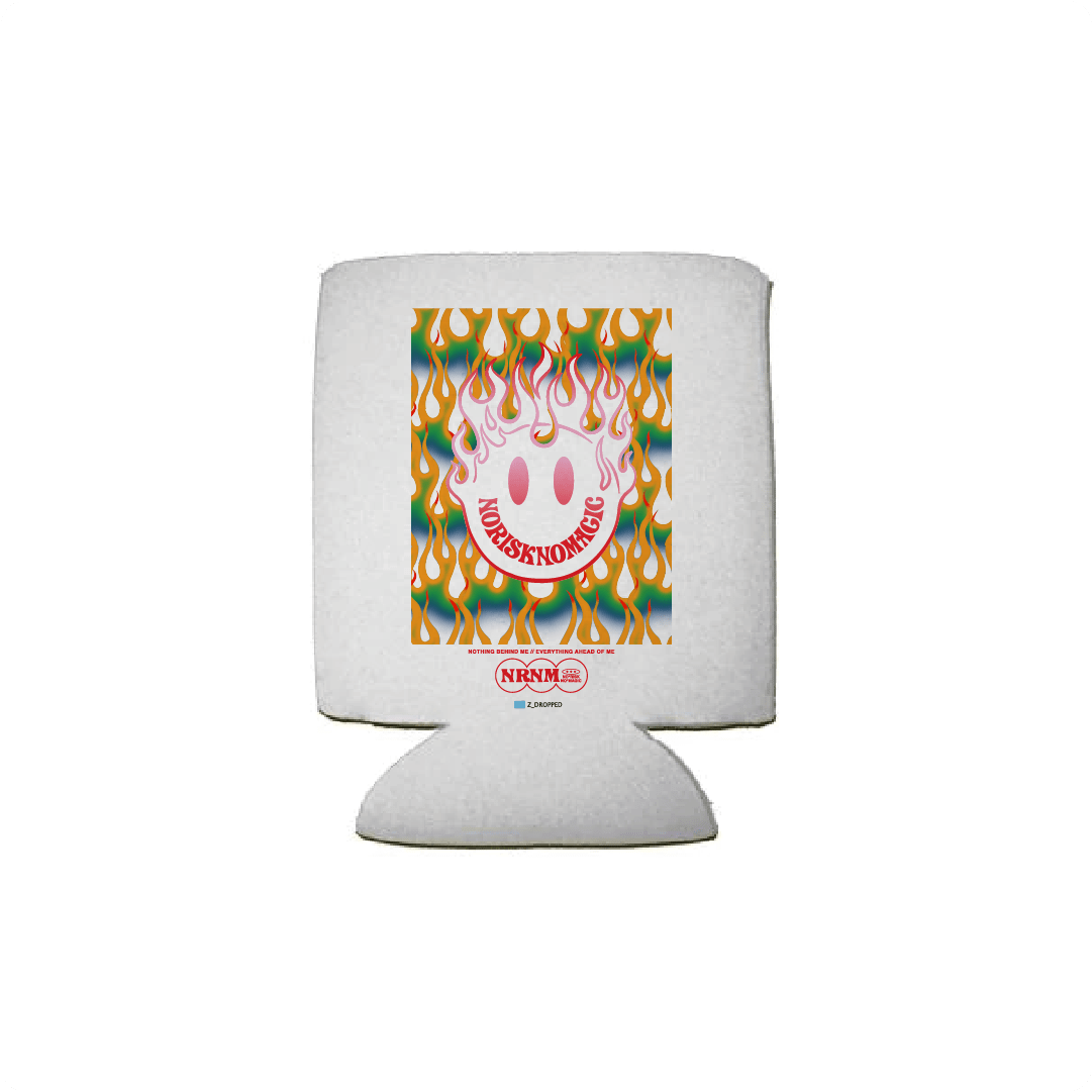 White can koozie with colorful flamer and smiley face design with text on a white background