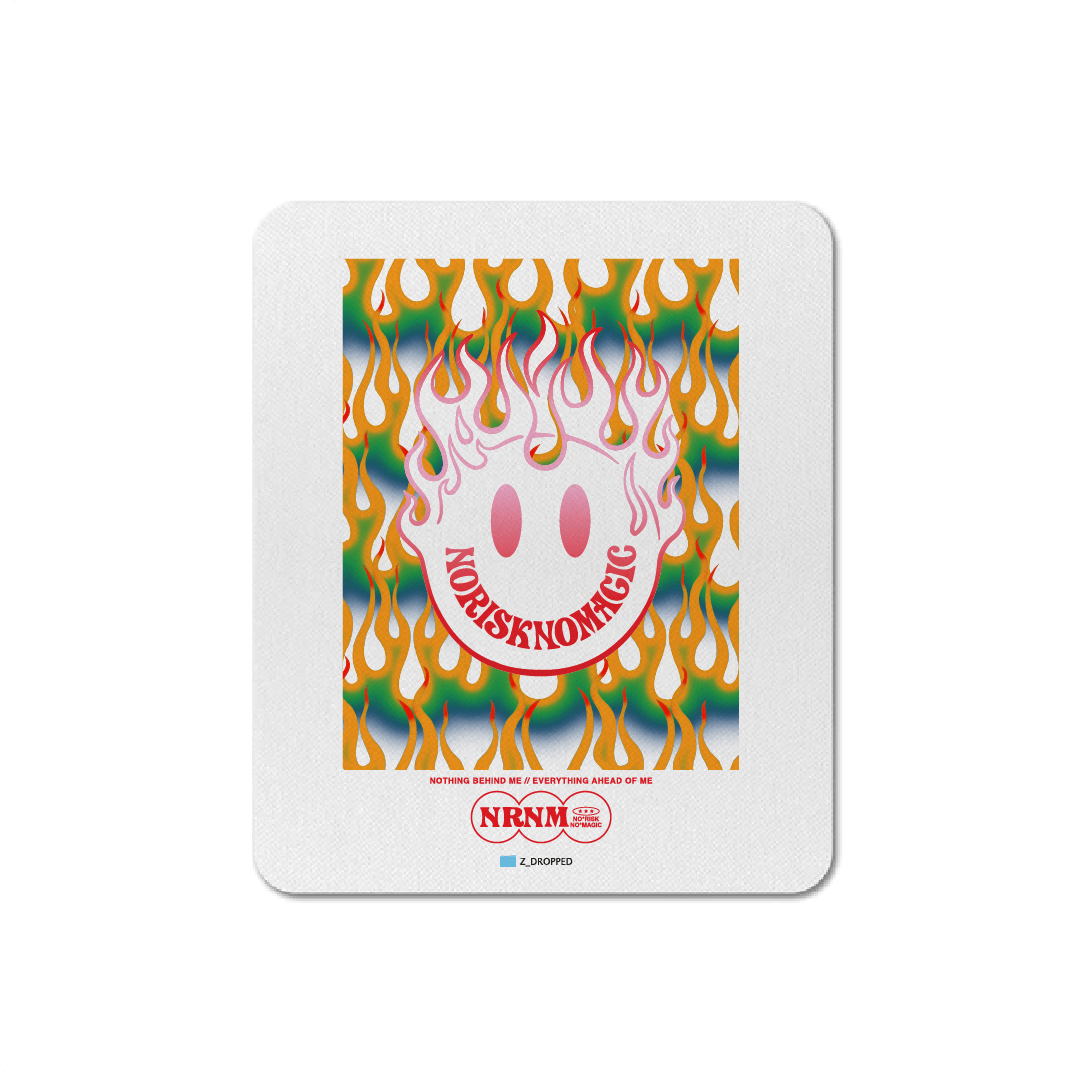Colorful mouse pad with a smiley face design and text on a white background