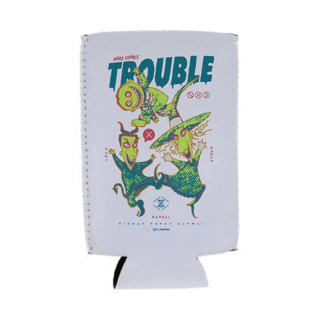 White tall can cooler with colorful graphic featuring lock shock and barrel and 'Here Comes Trouble' text on a white background