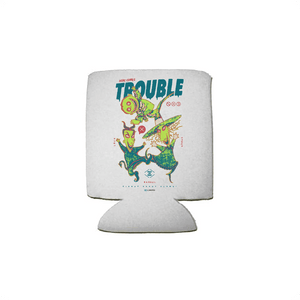 Regular can koozie with lock shock and barrel cartoon characters and 'TROUBLE' text on a white background