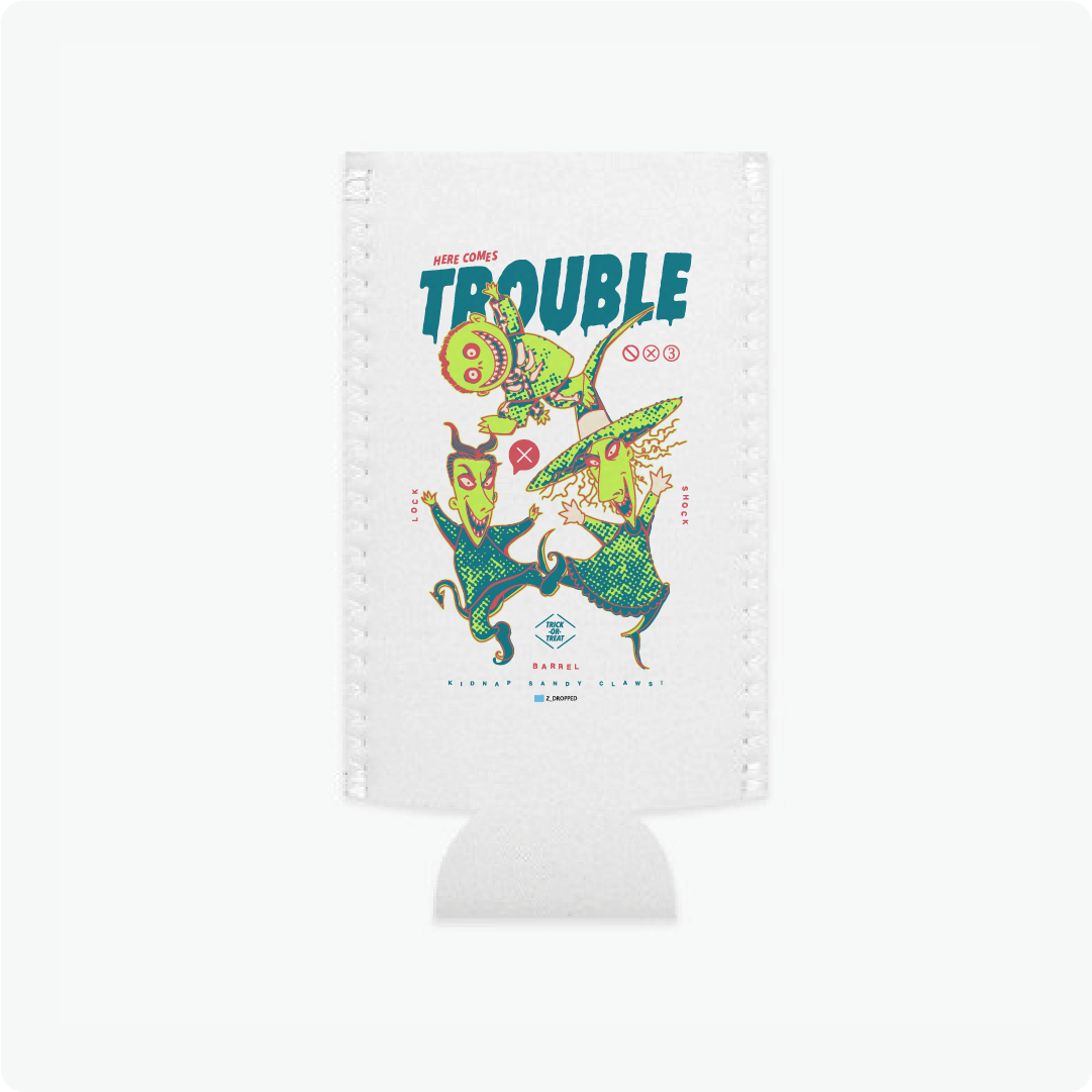 Slim can koozie with lock shock and barrel cartoon characters and 'Trouble' text on a white background