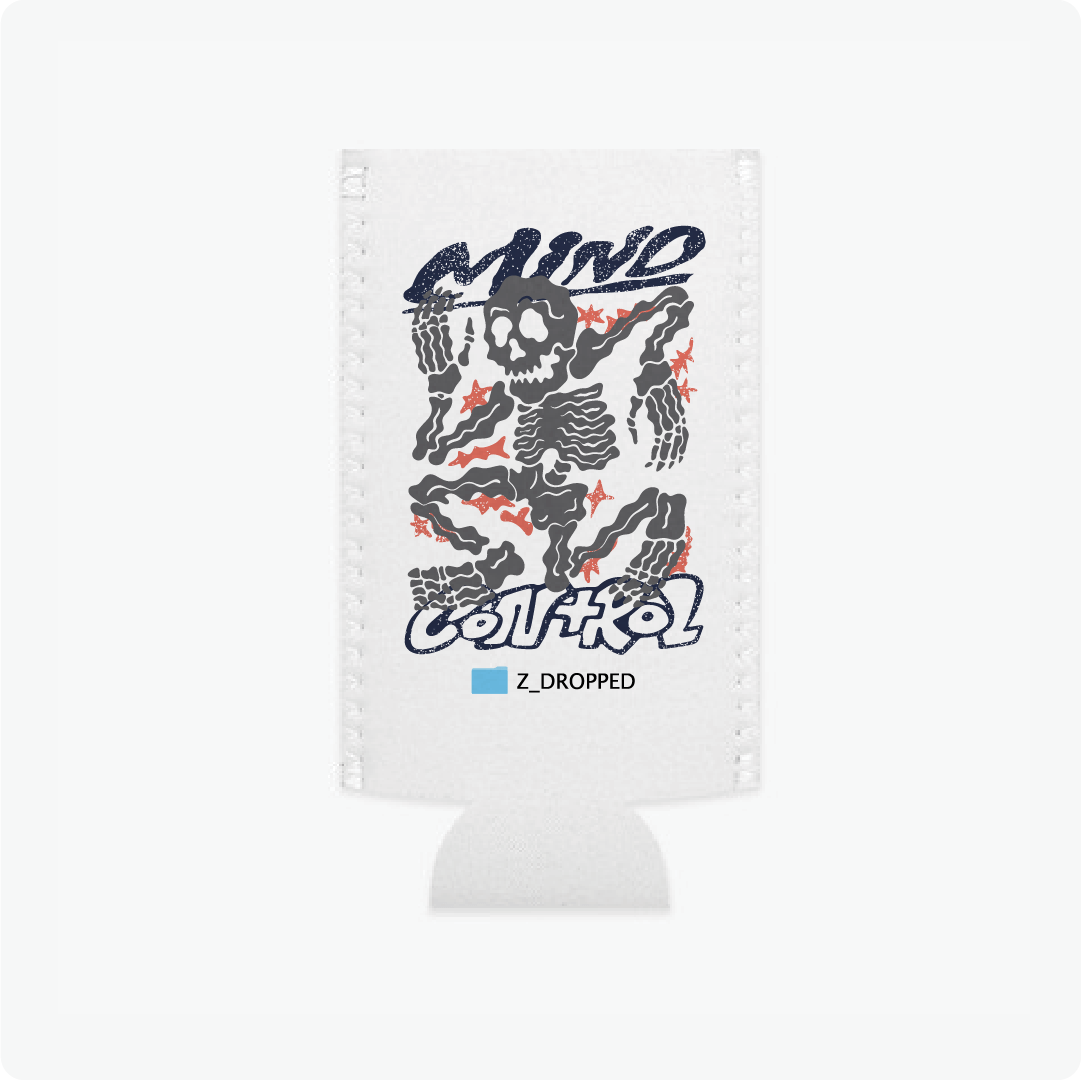 White slim can koozie with skeleton design and text on a white background