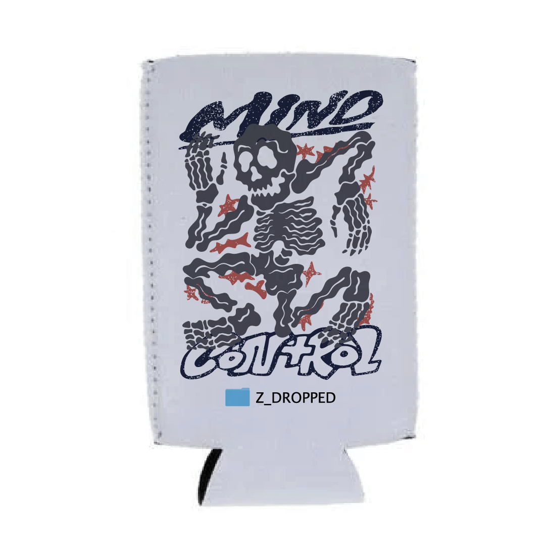 White tall can koozie with black and red graphic design on a white background