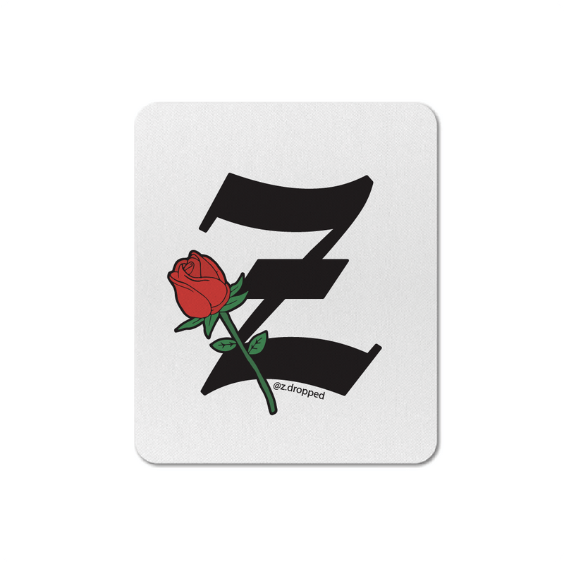 Vertical white mousepad with a red rose and black 'Z' symbol on a white background, featuring the text 'Z_DROPPED'.