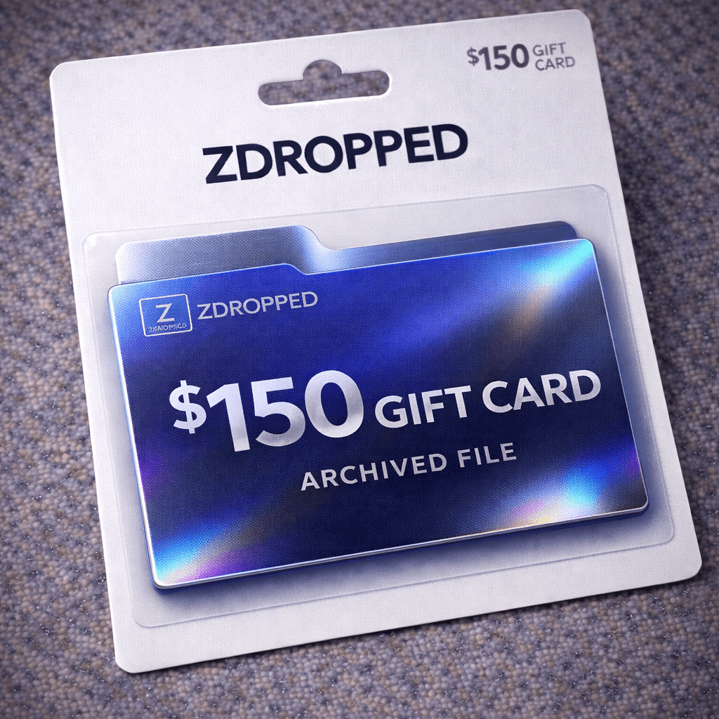 Zdropped $150 gift card in packaging on a textured surface