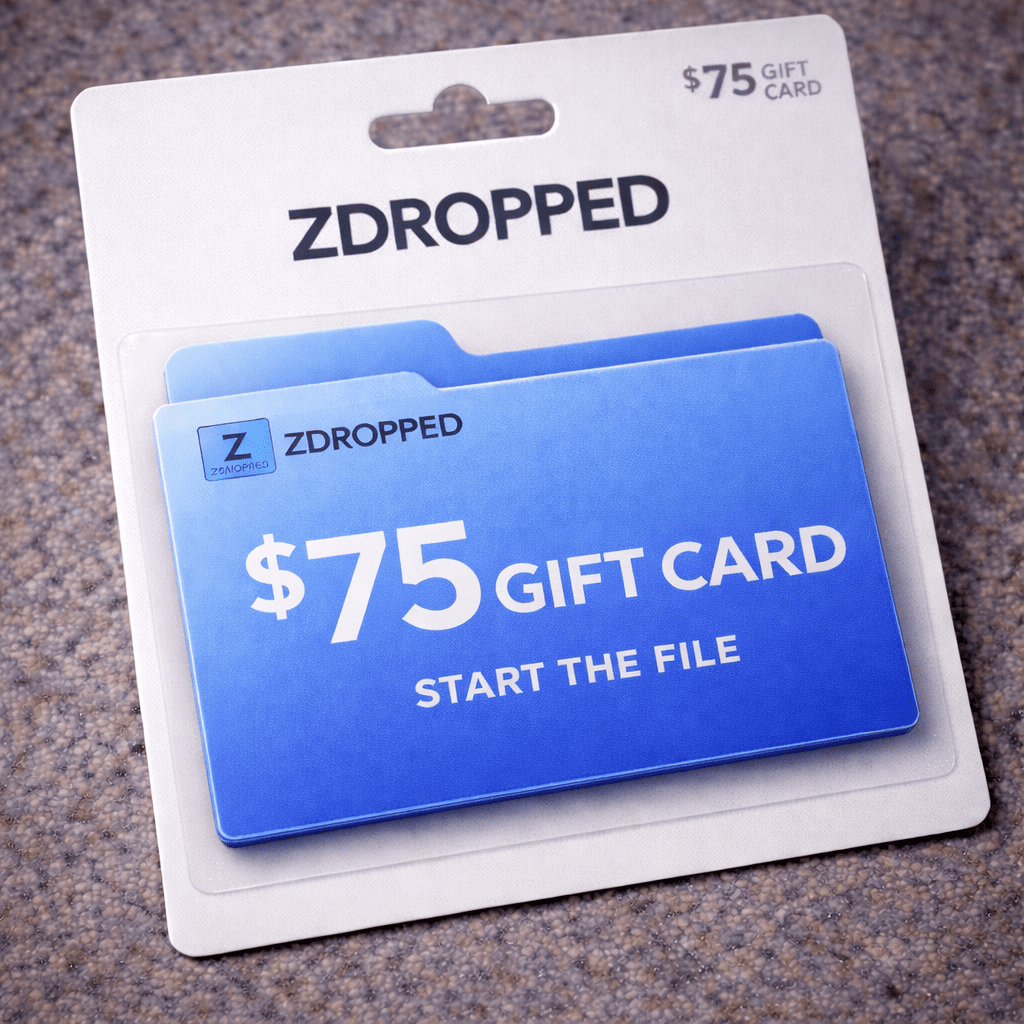 ZDROPPED $75 gift card packaging on a textured surface