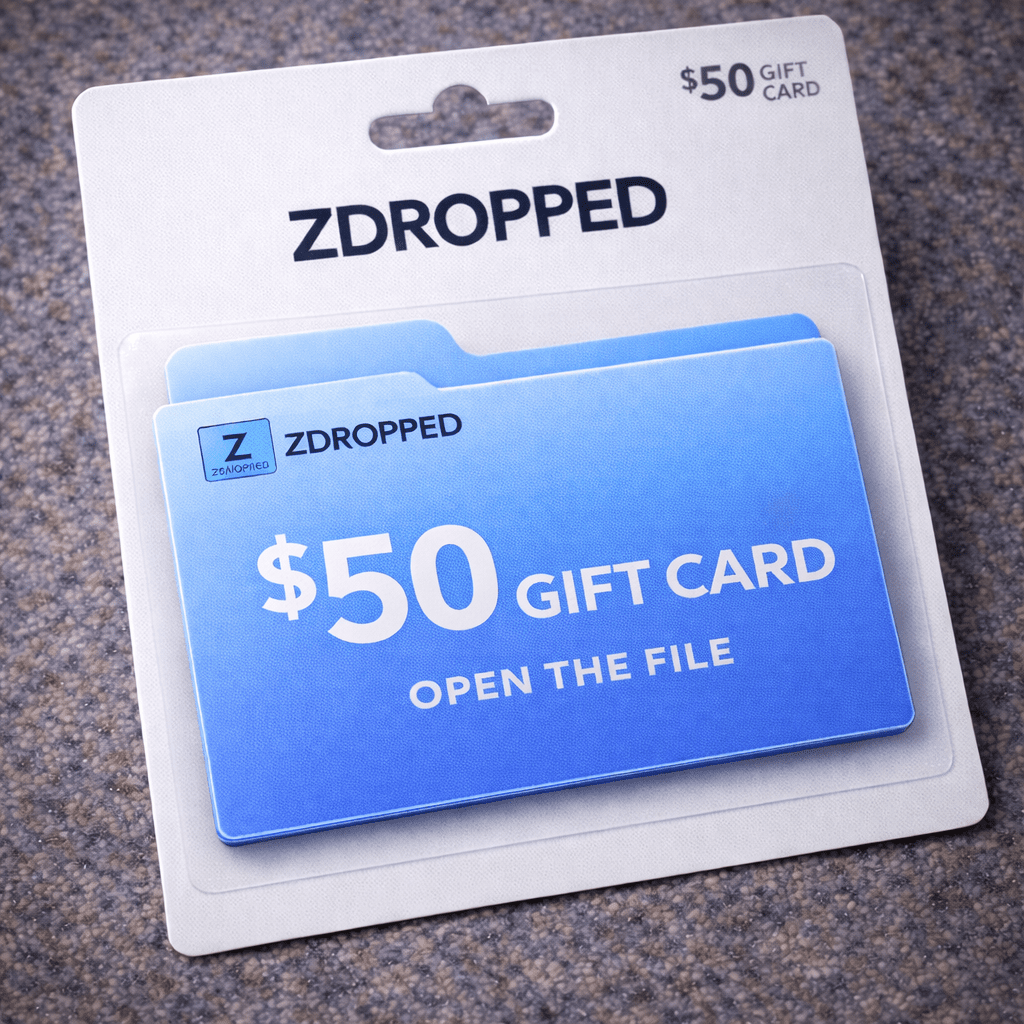 Zdropped $50 gift card packaging on a textured surface