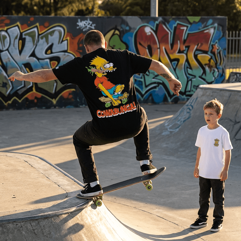 Older man doing a skate trick at a skate park with his kid wearing a black Bart Roth T-shirt