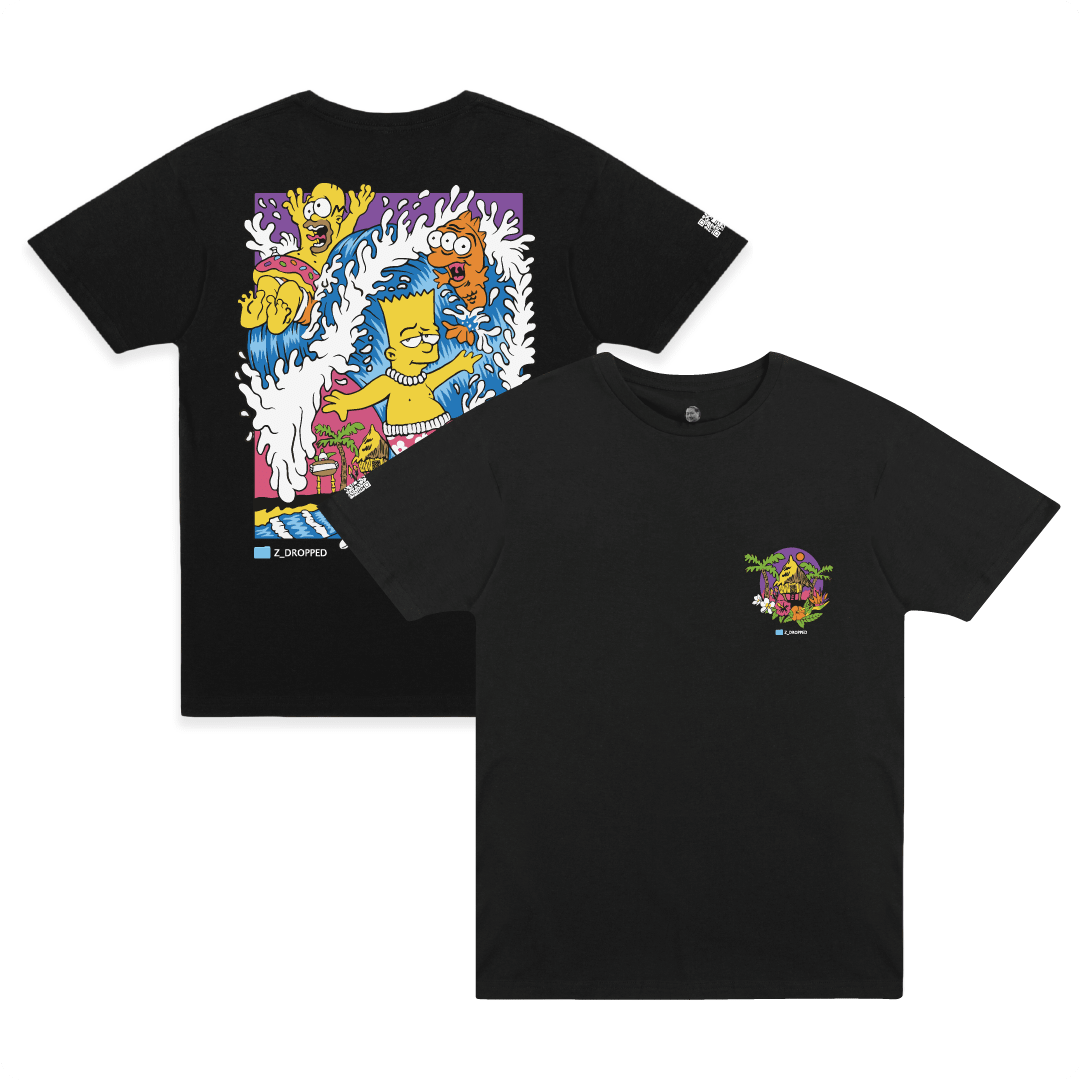 Front and rear view of a black t-shirt with Bart and Homer Simpson surfing a wave on a white background.