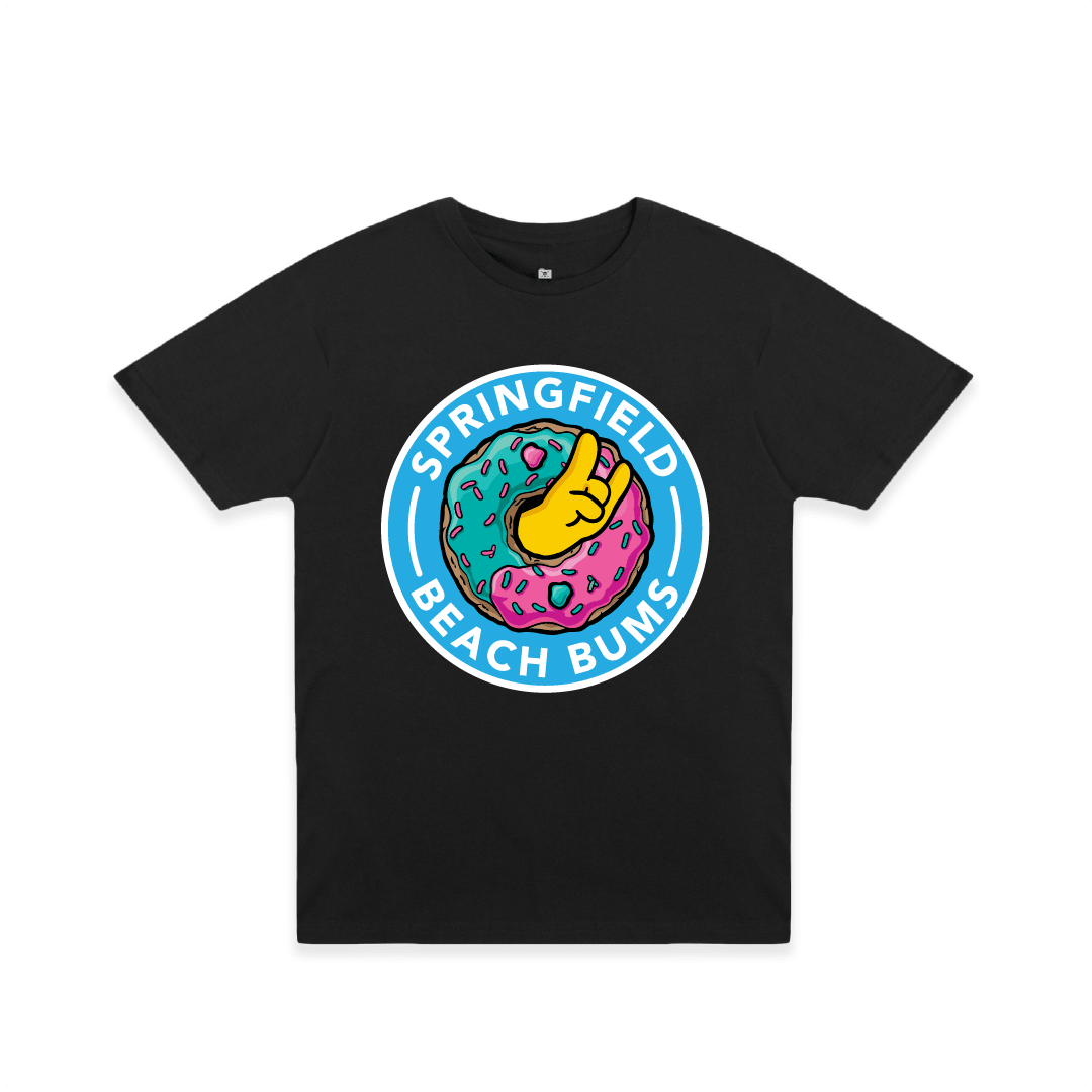 Front view of a black unisex t-shirt with a large sprinkle donut and 'Springfield Beach Bum' text graphic on a white background.