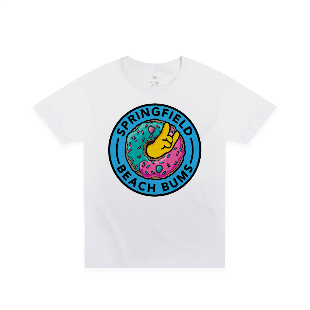 Front view of a white unisex t-shirt with a large sprinkle donut and 'Springfield Beach Bum' text graphic on a white background.