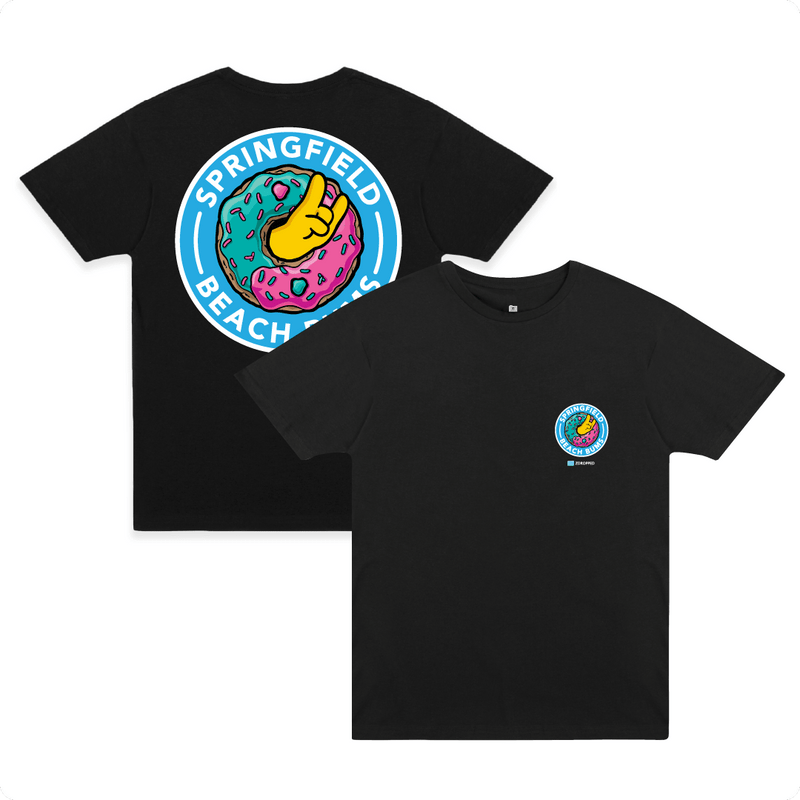 Front and back view of a black unisex t-shirt with a sprinkle donut and yellow hand gesture with white 'Springfield Beach Bums' text.
