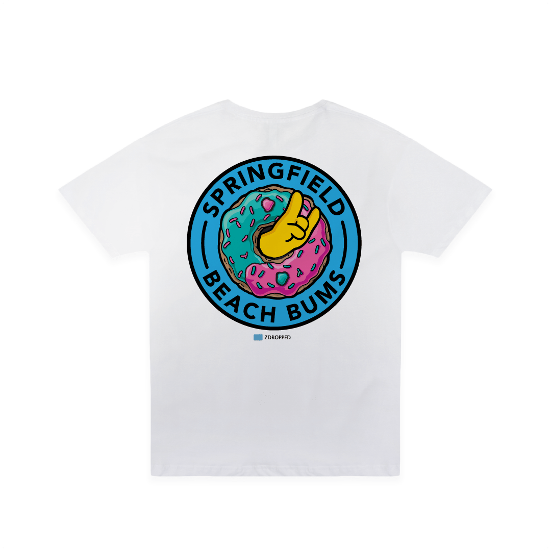 Rear view of a white unisex t-shirt with a large sprinkle donut and 'Springfield Beach Bum' text on a white background.