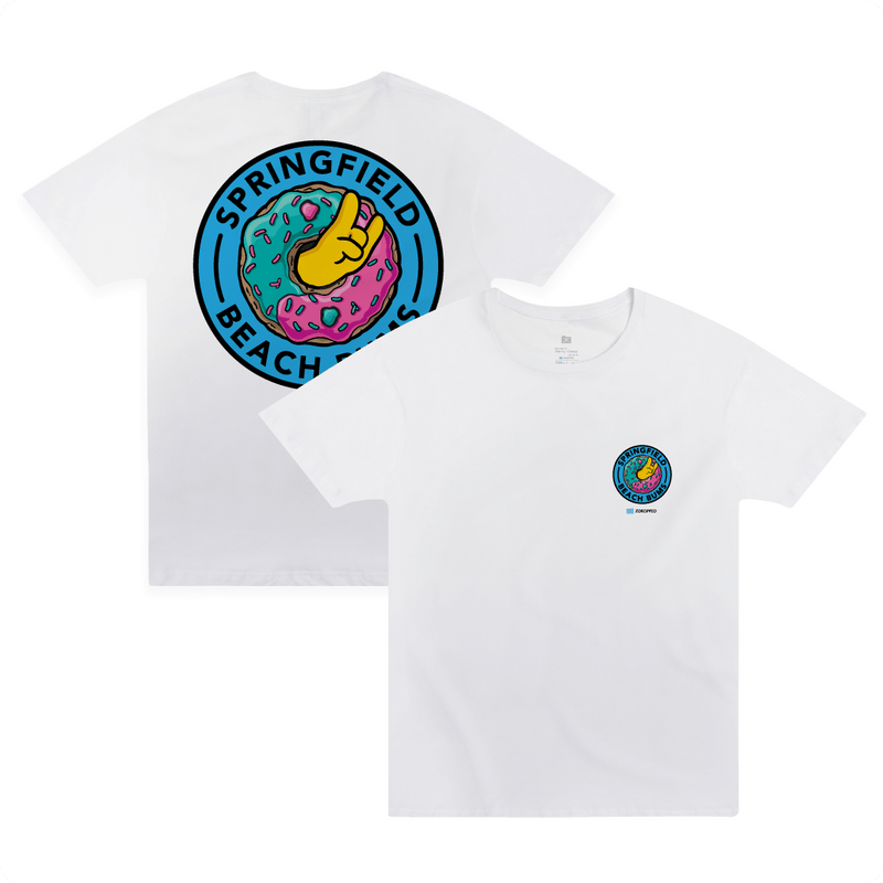 Front and back view of a white unisex t-shirt with a sprinkle donut and yellow hand gesture and black 'Springfield Beach Bums' text.