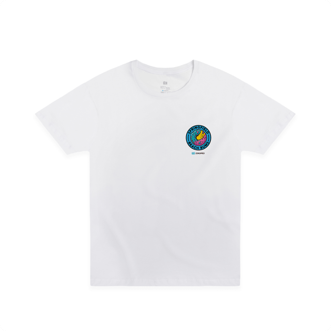 Front view of a white unisex t-shirt with a small sprinkle donut graphic on the chest.