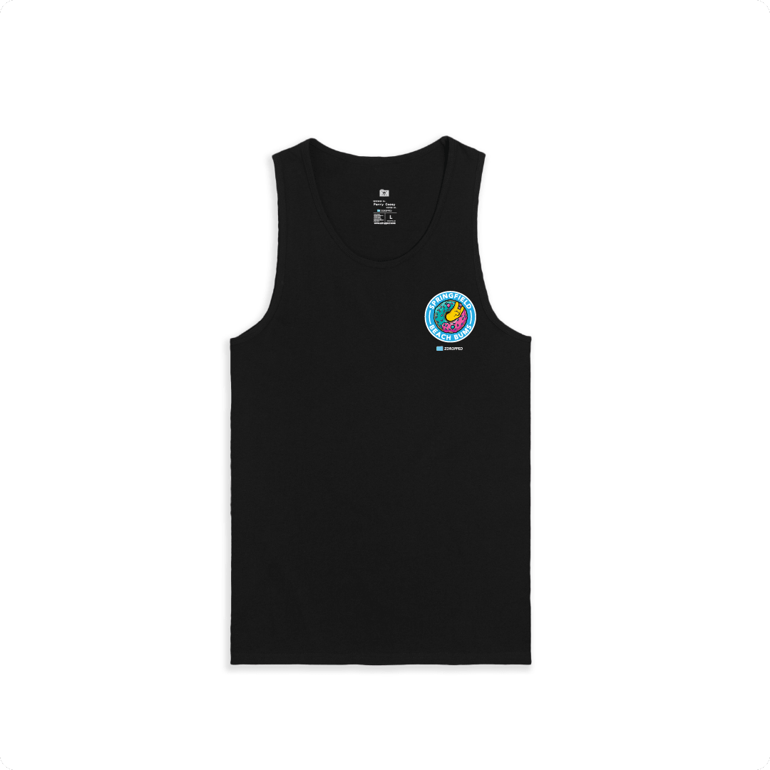 Front view of a black unisex tank top featuring a small colorful sprinkle donut graphic and 'Springfield Beach Bums' text on the chest.