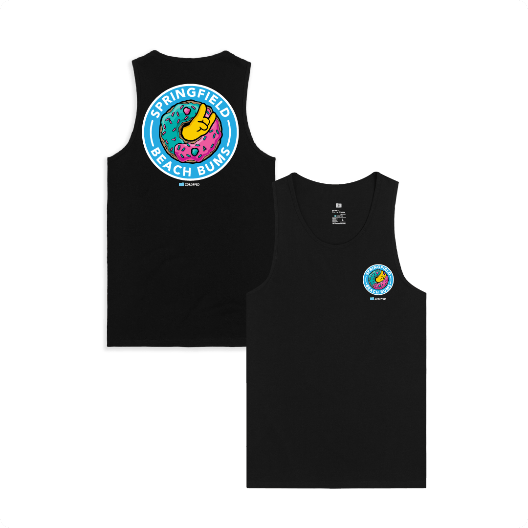 Front and back view of a black unisex tank top featuring a colorful sprinkle donut graphic and 'Springfield Beach Bums' text on a white background.
