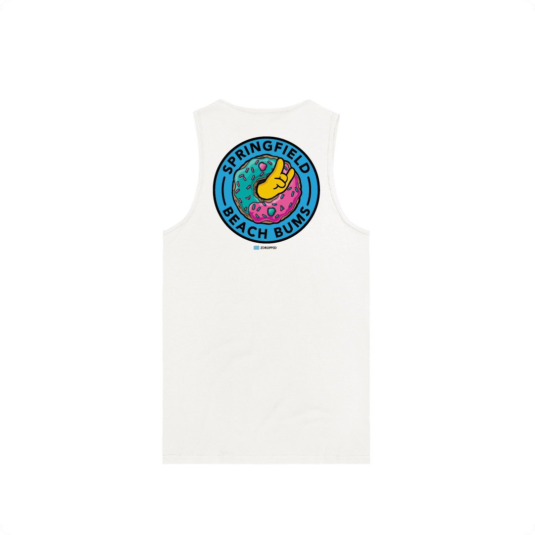 Rear view of a white unisex tank top featuring a large colorful sprinkle donut graphic and 'Springfield Beach Bums' text.