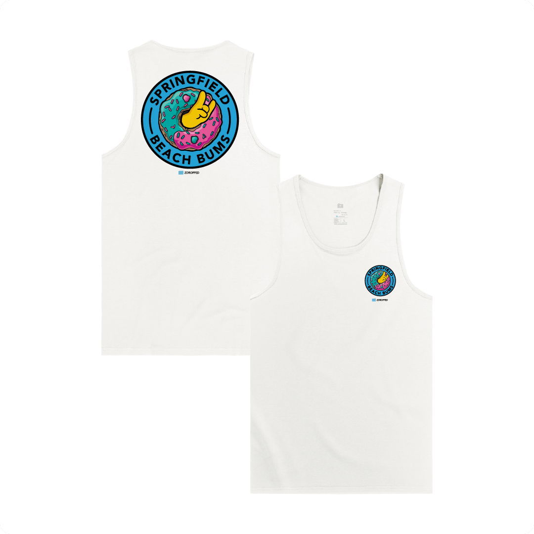 Front and back view of a white unisex tank top featuring a colorful sprinkle donut graphic and 'Springfield Beach Bums' text on a white background.