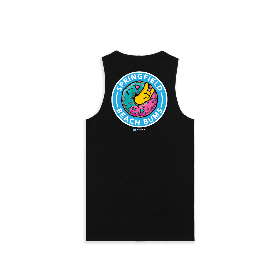 Rear view of a black unisex tank top featuring a large colorful sprinkle donut graphic and 'Springfield beach bums' text.