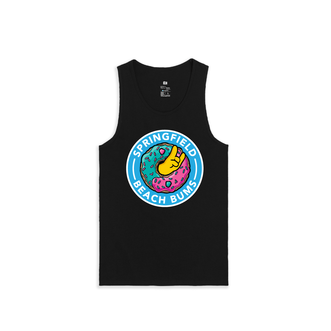 Front view of a black unisex tank top featuring a large colorful sprinkle donut graphic and 'Springfield beach bums' text.