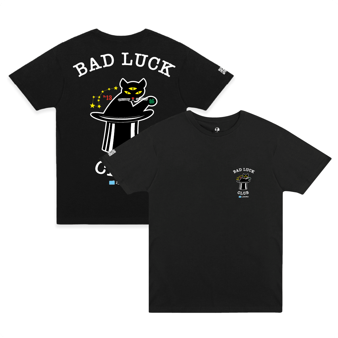 Front and rear view of a black t-shirt with 'BAD LUCK CLUB' text and a graphic of a three eyed cat coming out of a magicians hat.