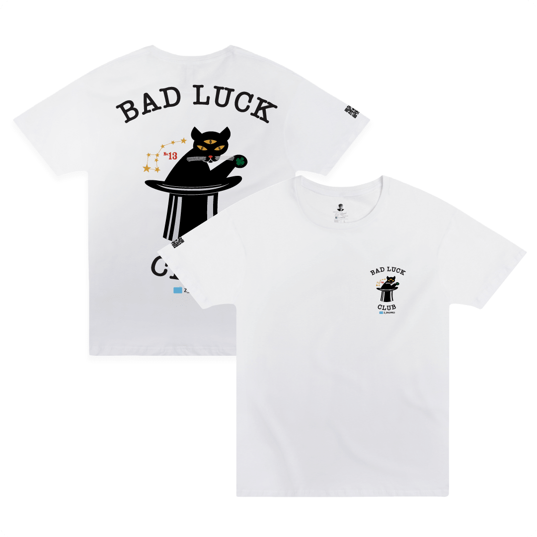 Front and rear view of a white t-shirt with 'BAD LUCK CLUB' text and a graphic of a three eyed cat coming out of a magicians hat.