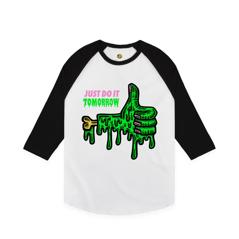 White Front view of a unisex raglan with a dripping green thumb-up graphic and bold text ‘JUST DO IT TOMORROW’ on the front on a white background