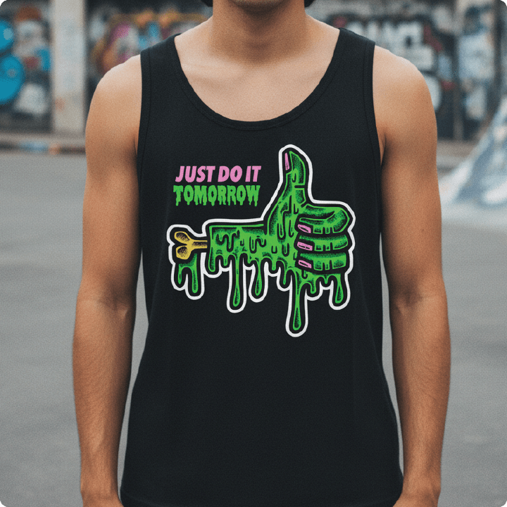 Person wearing a black tank top with a green slime thumbs up graphic and 'Just Do It Tomorrow' text in an urban setting