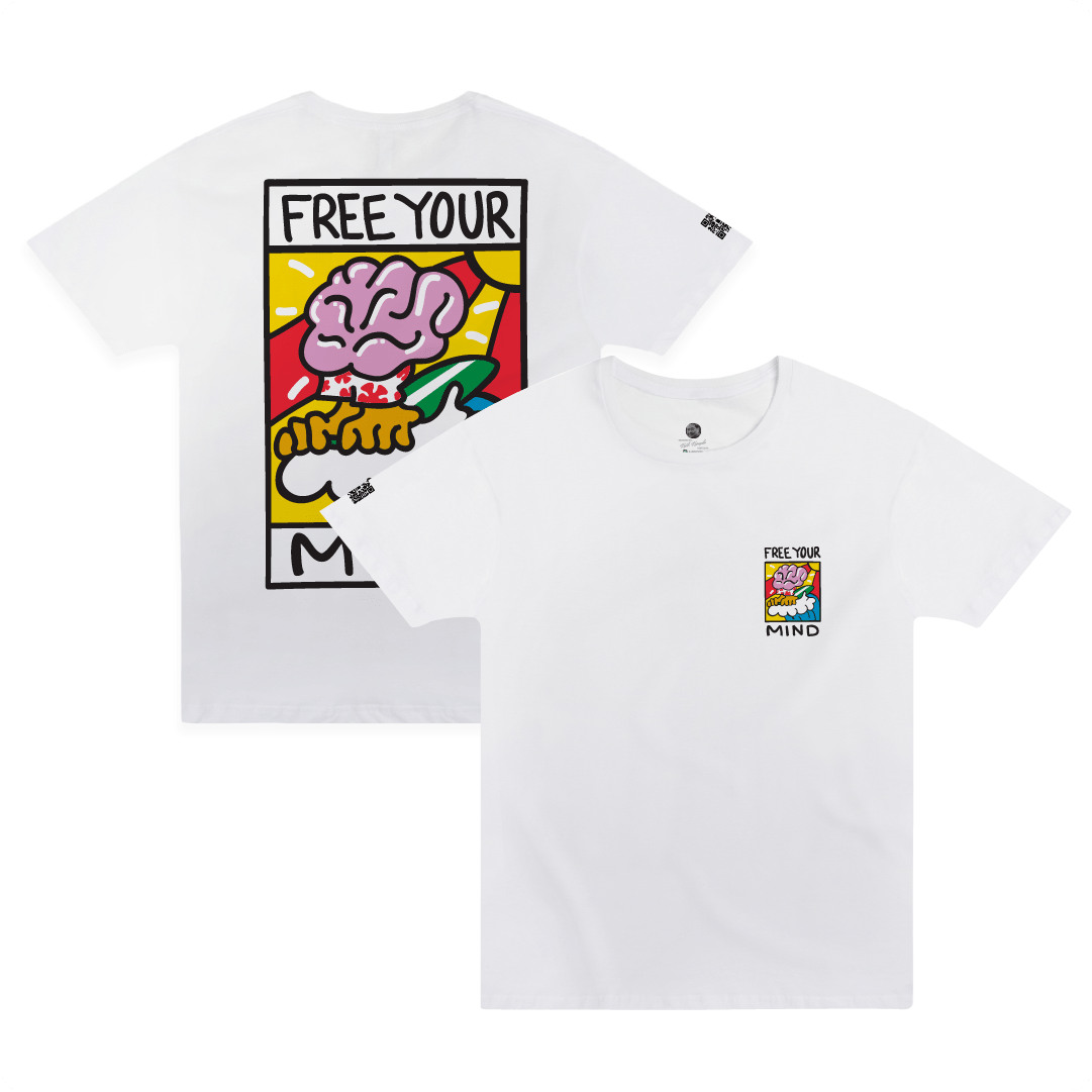 Front and rear view of a white t-shirt with colorful surf graphic and 'Free Your Mind' text on a white background