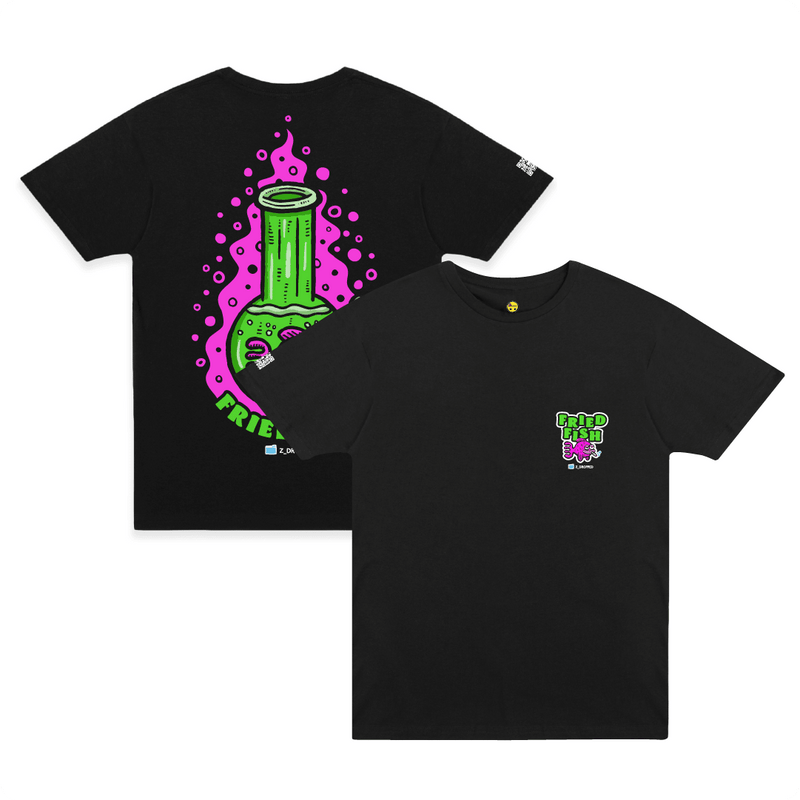 Front and rear view of a black t-shirt with a neon green bong graphic featuring a pink fish inside, surrounded by bright pink bubbles and bold “FRIED FISH” neon green text.