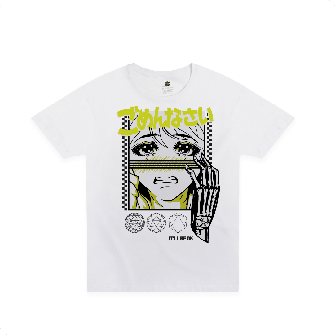 Front view of a white t-shirt with a black anime character and neon green kanji on a white background.